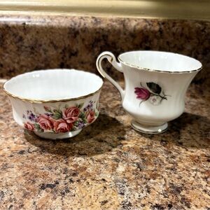 Rose Floral Porcelain Teacup and Sugar Bowl with Gold Trim